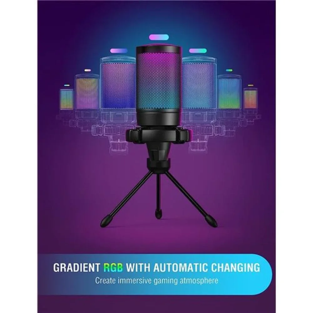 Gaming USB Microphone for PC PS5, Condenser Mic with Quick Mute, RGB Indicator